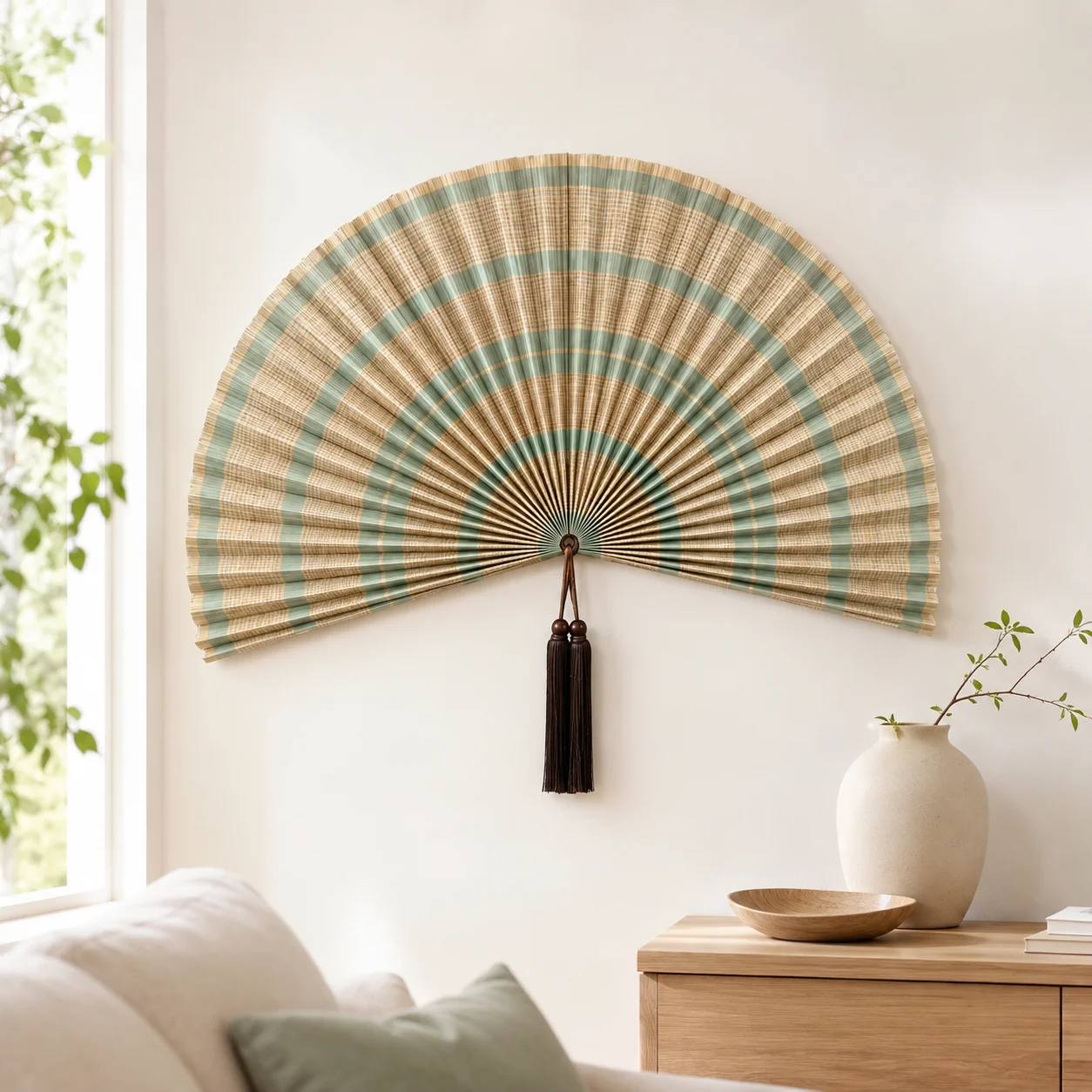 Handwoven Bamboo Wall Hanging Fan New Chinese Oriental Decor Fan, Tassel Fan Wall Art for Homestay Tea House Wedding Decor