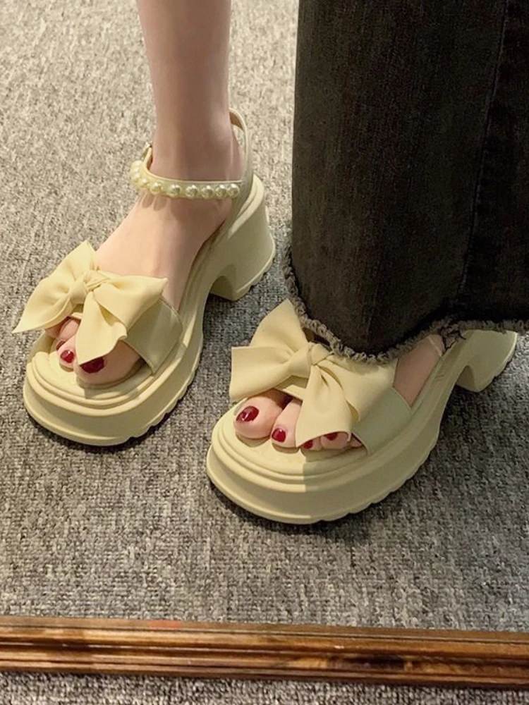 Kawaii Lolita Shoes Women 2023 Summer Basic Japanese Style Fashion Pumps Office Lady Bow Design Non Slip Sandals Korean Chic