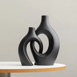 , Hollow Cuddled Ceramic Vase, 2 for Modern Home Decoration, Boho Donut Vase, Black and White Minimalist Decorative Flowerpot