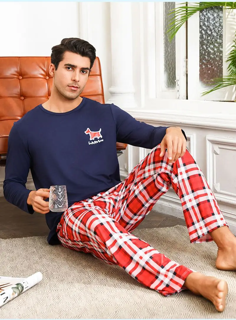 

Men's Cozy Home Suit Set Solid Long-Sleeve Round Neck Top And Long Plaid Pants Breathable Fabric Relaxed Fit Sleepwear Homewear