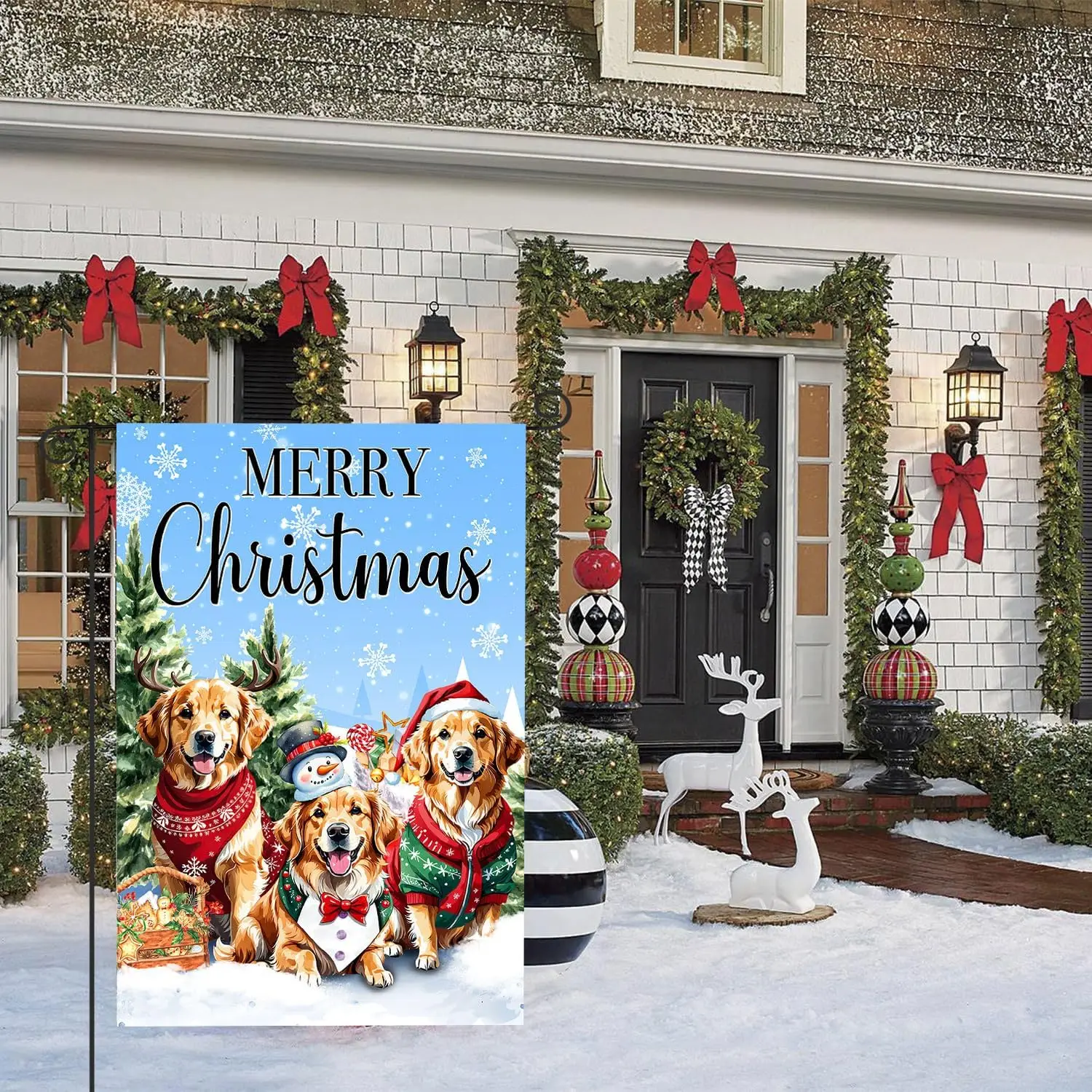 DECORLUXES Merry Christmas Dogs Garden Flag Golden Retriever 12x18 Inch Double Sided Outside, Winter Festive Holiday Yard Ou zzo