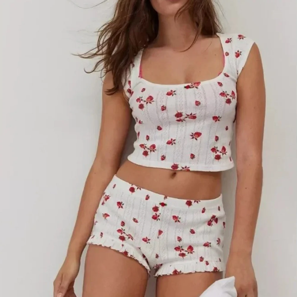 Sleepwear Women Pajama Set Heart Print Sexy Ribbed Bow Decor Round Neck Backless Crop Cami Top & Shorts Nightwear 2025 Summer