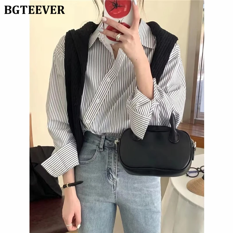 

BGTEEVER Casual Lapel Women Striped Blouses Spring Summer Long Sleeve Single-breasted Shirts Blusas for Women