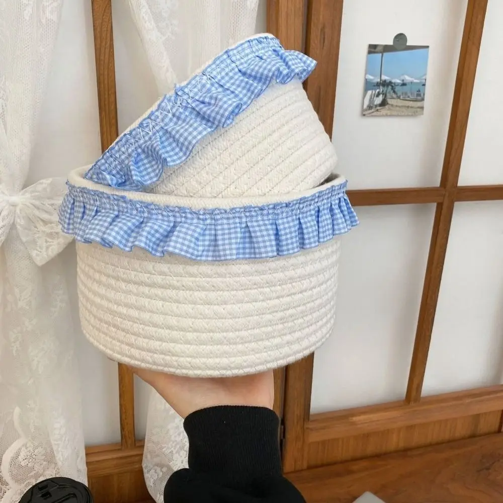 Trendy Blue Sundries Storage Baskets Cotton Rope INS Lace Snacks Basket Cloth Organizer Cute Desktop Organizer Box Bedroom