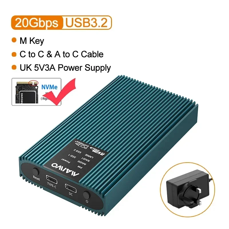 MAIWO 20Gbps Dual Bay M.2 NVMe SSD Behuizing Aluminium USB 3.2 Type-C Gen2 NVME Case met 4 RAID-modi voor PCIe M-Key SSD's 8TB
