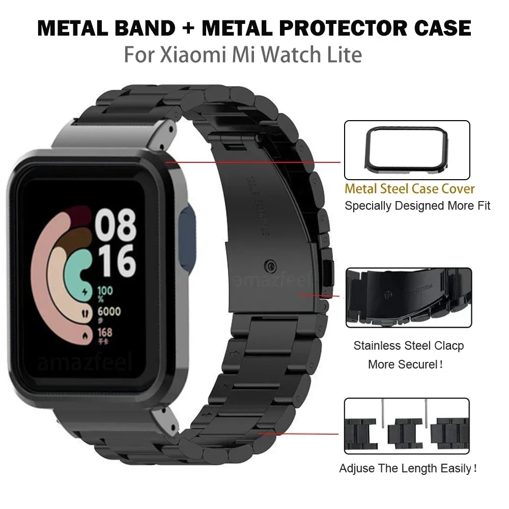 Bracelet de montre en métal pour Xiaomi, Mi Watch Lite, Redmi Watch 2 Lite, 3 Active Metal Band, Protector Case Cover, Bracelet en acier inoxydable