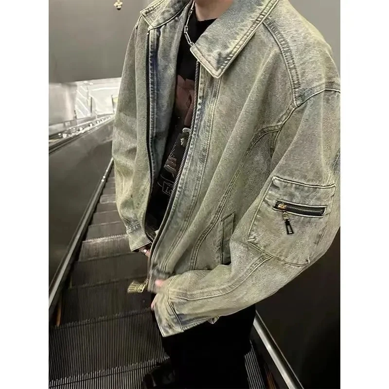 2026 Heavyweight Lapel Collar Denim Jacket for men in Spring Autumn Loose Trendy Brand Lapel American Motorcycle Style Jacket