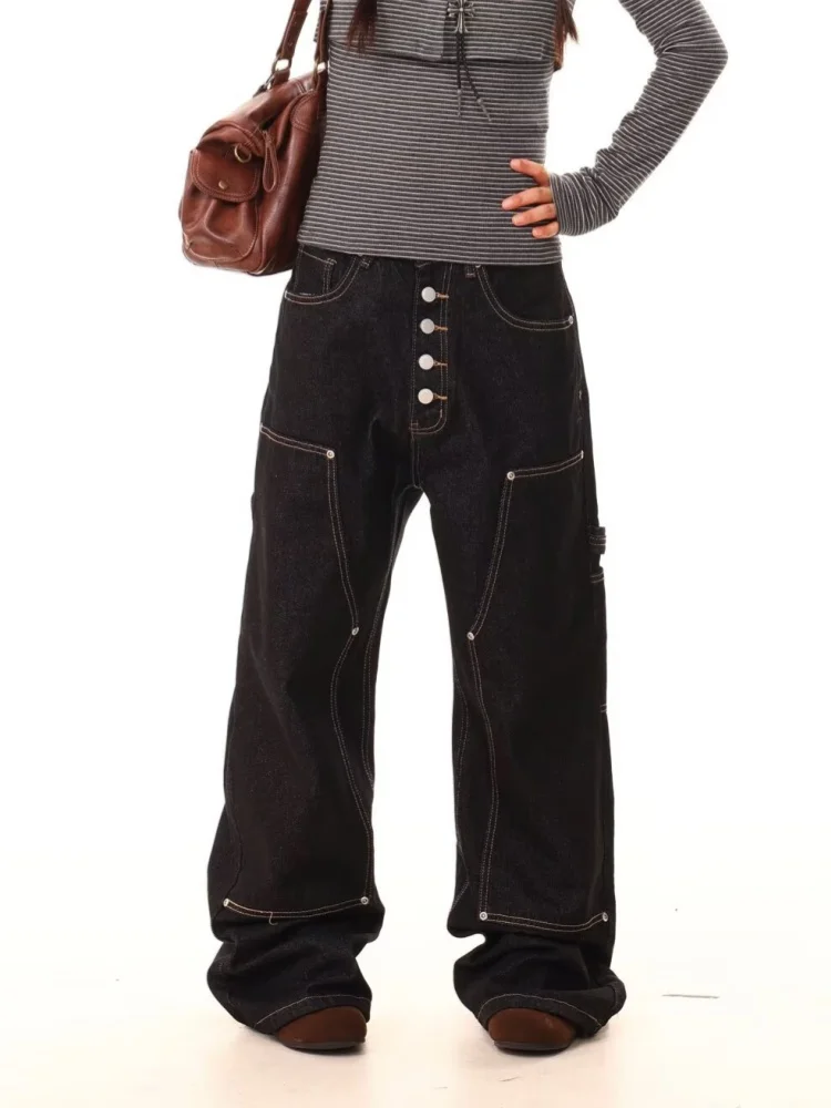 2025 pantalones vaqueros Cargo holgados negros estilo Retro americano Y2K para mujer, ropa para mujer, pantalones vaqueros rectos de algodón