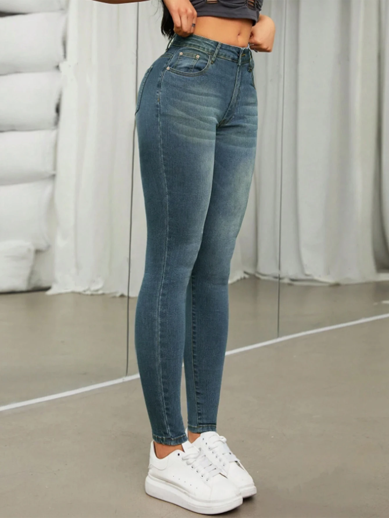 High Waisted Skinny Jeans Woman Clothes Vintage Wash Slim Fit Ideal for Casual Outings Street Fashion Trendy Looks
