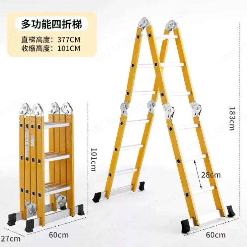 Thickened Multi-Function Aluminum-Iron Folding Step Ladder 4-Fold Telescopic Straight Ladder with Double-Sided Hinges