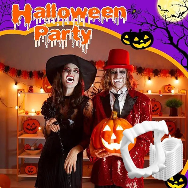 12 Pcs White Fake Vampire Teeth Fangs - Halloween Vampire Plastic Teeth, Fun Cosplay Props, Party Favors and Trick or Treat Accessories