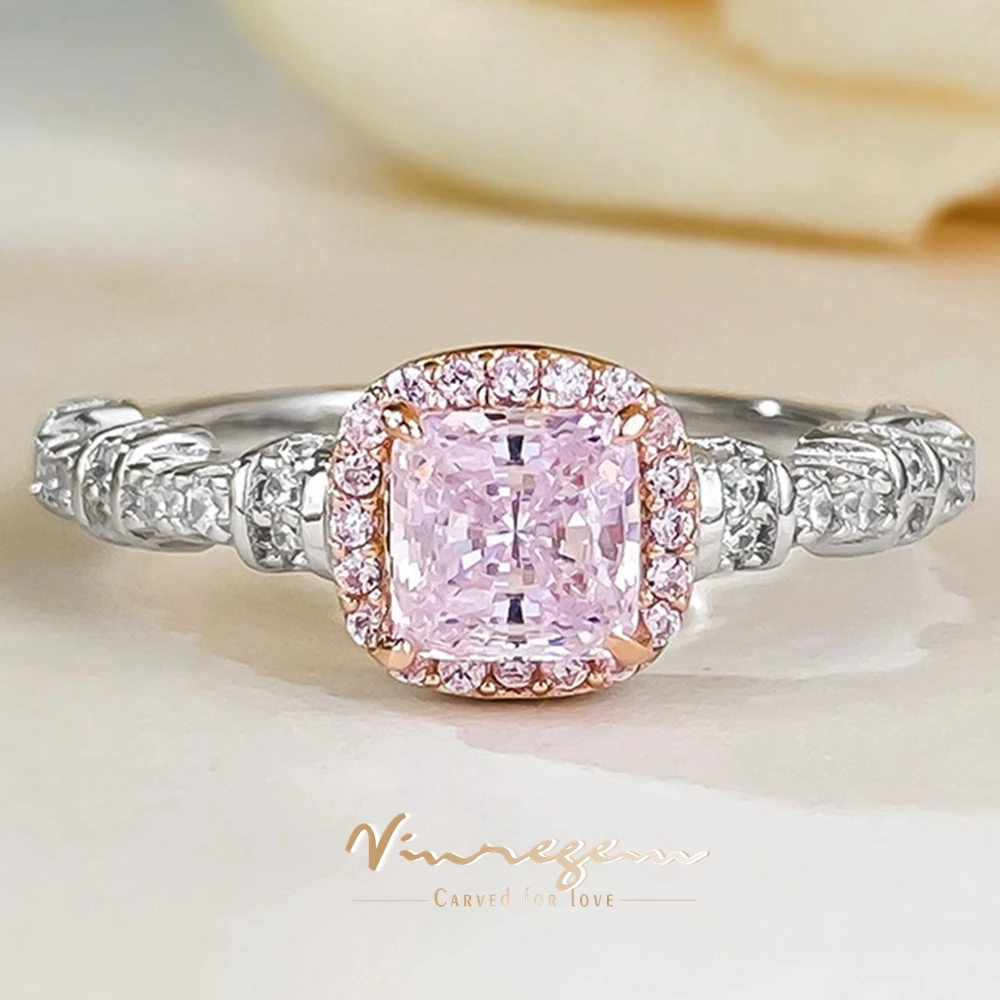 

Vinregem Crushed Ice Cut 5*5 MM Pink Sapphire Gemstone Romantic 925 Sterling Silver Ring for Women Fine Jewelry Wedding Gifts