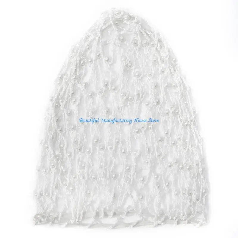 E56A Women Classical Crochet Hat with Pearls Decors Turban Hat Hair Net for Festival
