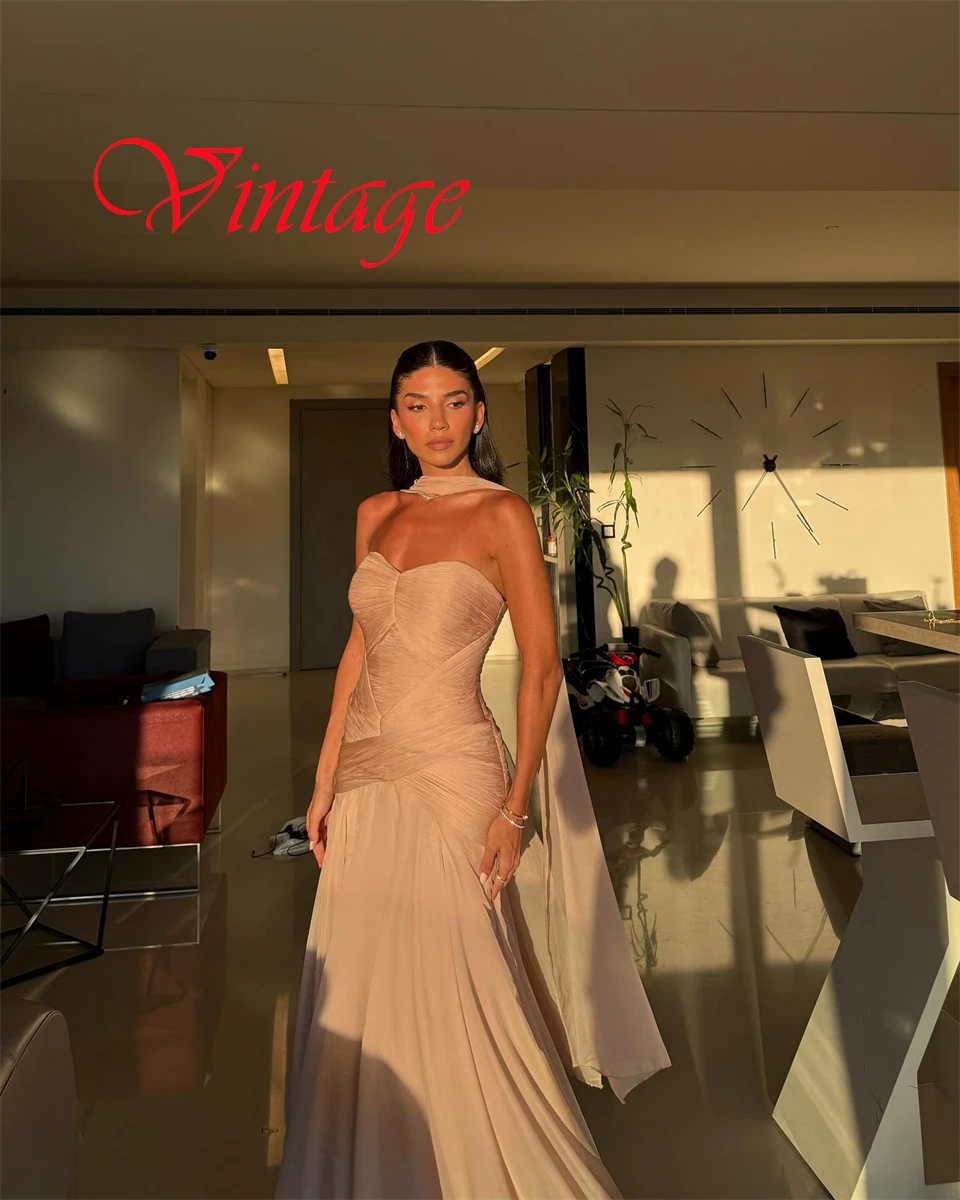 فستان سهرة كلاسيكي مخصص من الشيفون الشامبانيا عالي الجودة بدون حمالات بدون أكمام وسحاب خلفي حورية البحر فساتين مناسبة خاصة