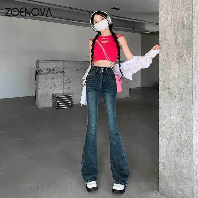 ZOENOVA Women High Waist Slim Flare Jeans Raw Edge Design Retro Casual Street Style Pantalones Vaqueros Mujer Y2k  Baggy Pants