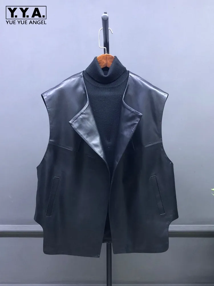 Fashion Women Loose Fit Sleeveless Jacket Lapel Collar Cardigan Real Sheepskin Genuine Leather Vest Spring Streetwear Waistcoat