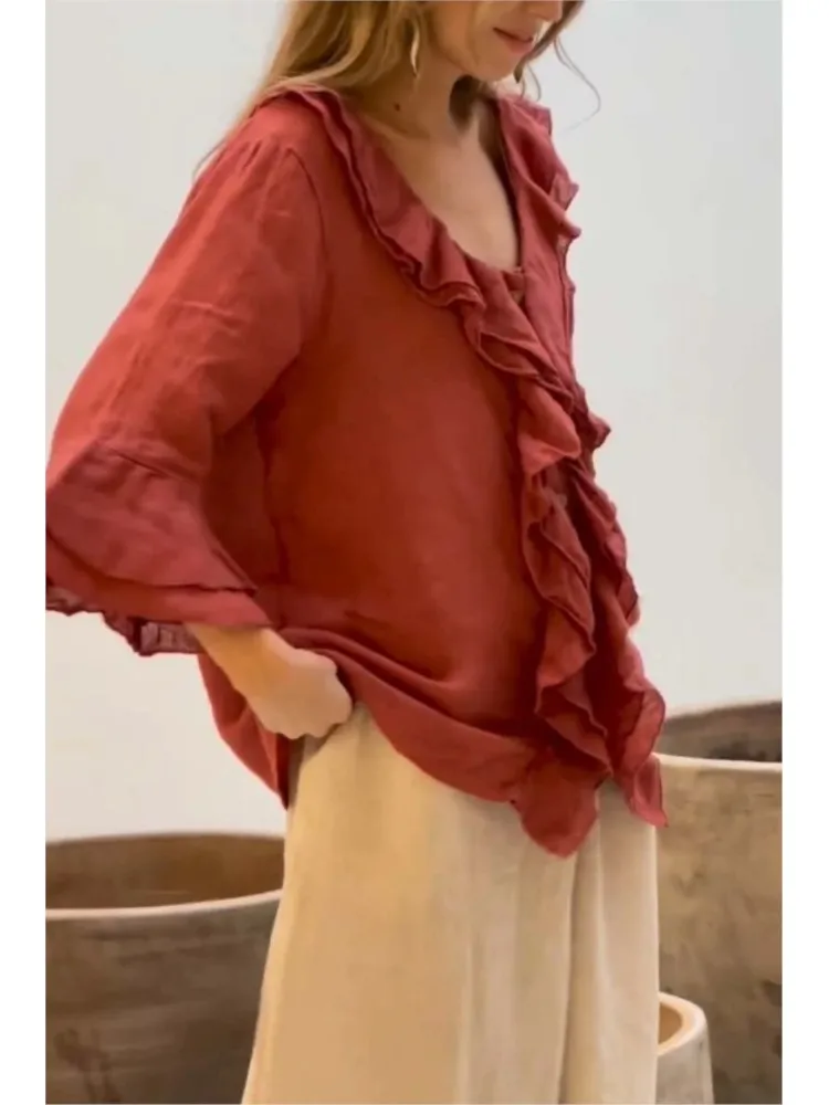 Casual Vintage Solid Ruffle Shirts Top Women Spring Autumn Elegant V Neck Button Office Top 3/4 Flying Sleeve Loose Blouses 2024