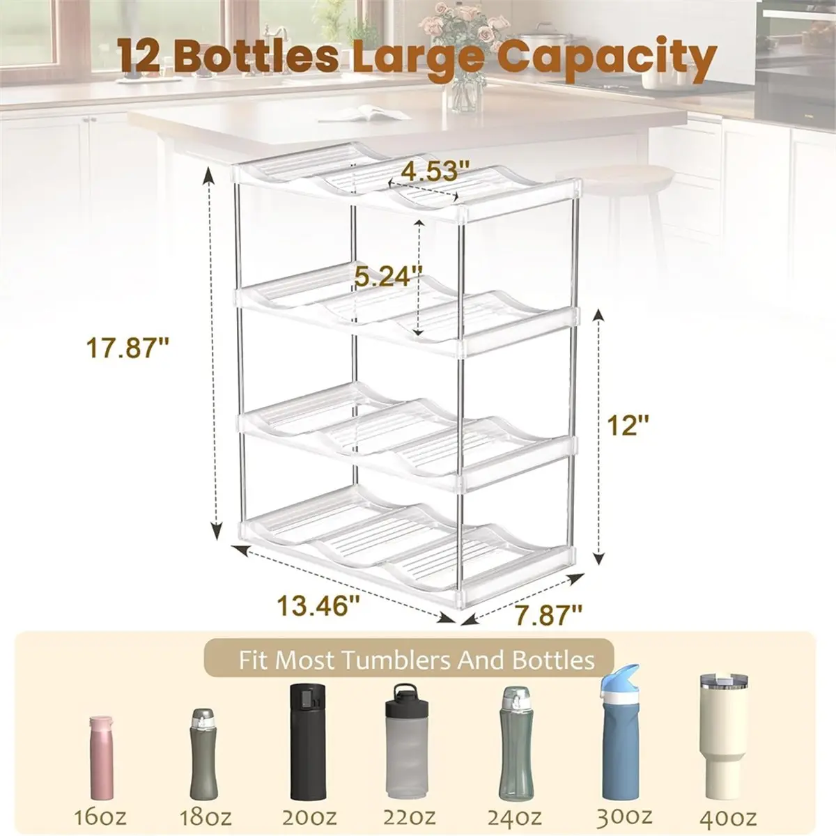 2026 New Tool Stackable Water Bottle Holder Organzier for 40 Oz Large Tumbler, 4 Tier Clear Tumbler Bottle Cup Rack, Hold 12