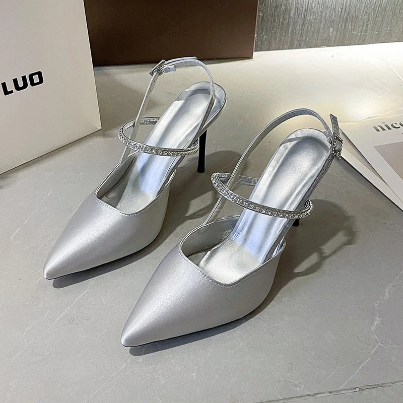 

Shiny High Heels Slingback Silver Women Pumps Metallic Crystal Sandals Pointy Toe Stiletto Heeled Shoes Party Dress Shoes Woman