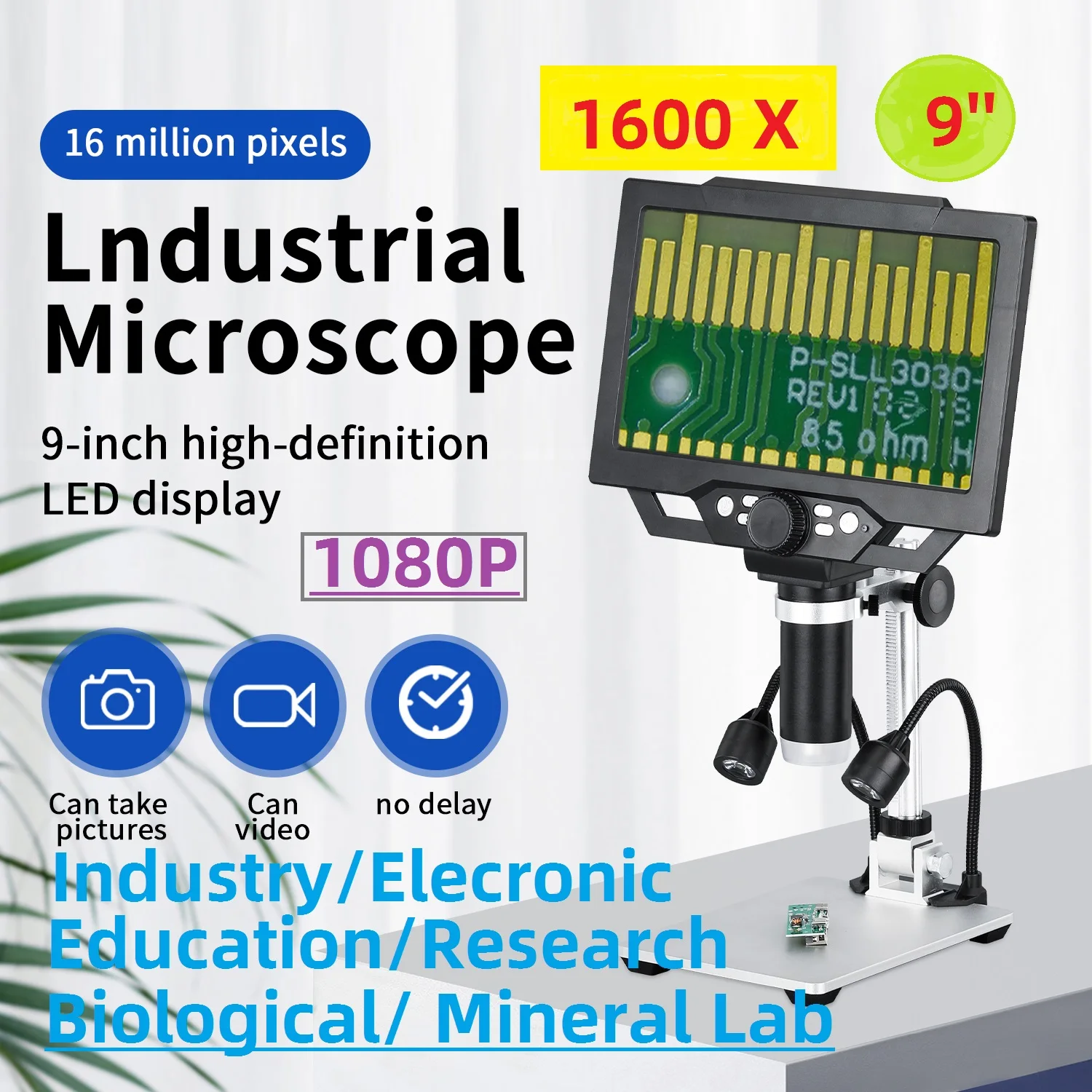 X1600 Microscope 9\'\' Screen LCD Display 16MP Amplification Magnifier With Battery & LED for BioLab，PCB Repair，Mineral Analysis