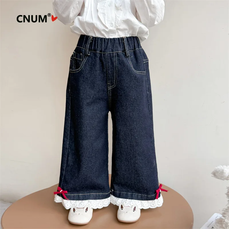 CNUM Baby Girls' Ankle-cuff Lace Trim Solid Color Jeans New Spring/autumn Korean Style Wide-leg Pants