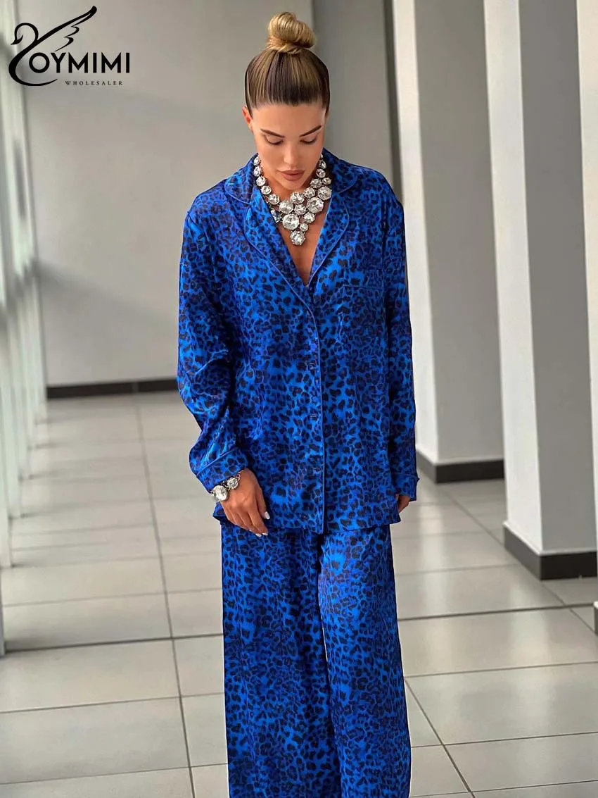 

Oymimi Fashion Blue Print 2 Piece Sets Women Outfit Elegant Long Sleeve Single Breasted Shirts And High Waist Straight Pants Set