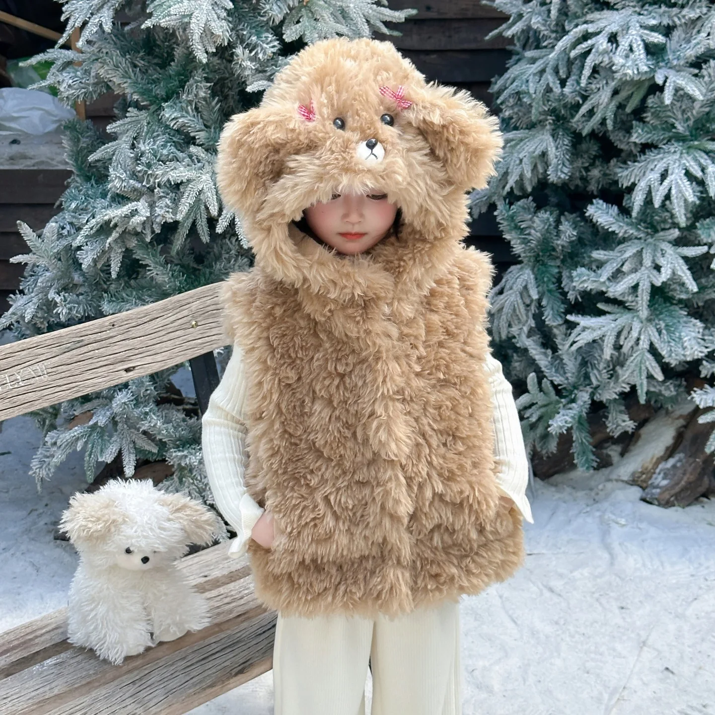 

Bear Ear Hooded Vest Furry Coat for Women 2025 Autumn Winter New Faux Lamb Wool Vest