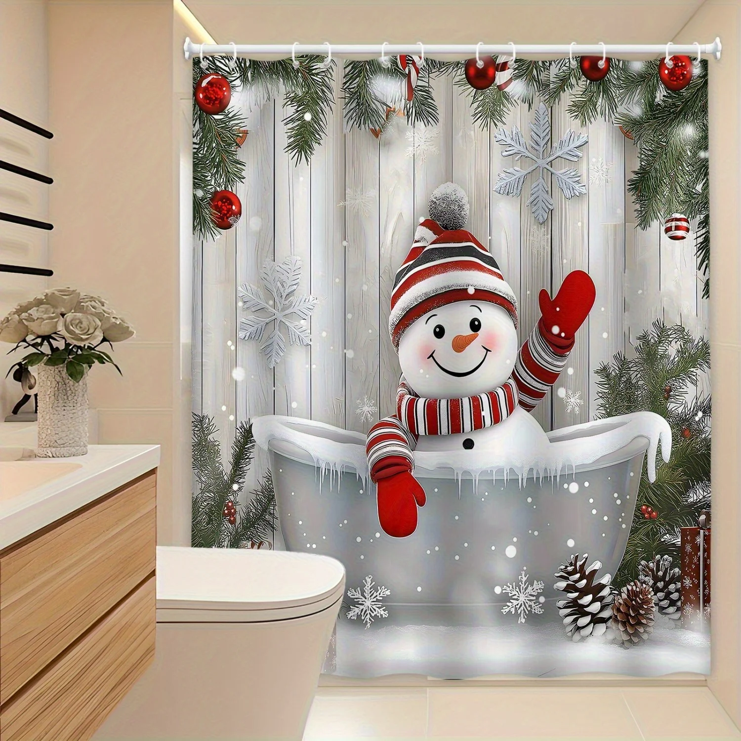 Winter Snowman Snowflake Pine Branch Christmas Shower Curtain w/ Hooks, Soft Fade Resistant Window Curtain for Bathroom