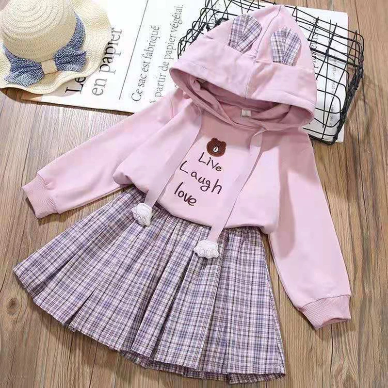 

3-12 Years New Girls Clothing Sets Cotton Cartoon Little Bear Hoodies + Pleated Skirt 2Pcs Suit For Children Birthday Present