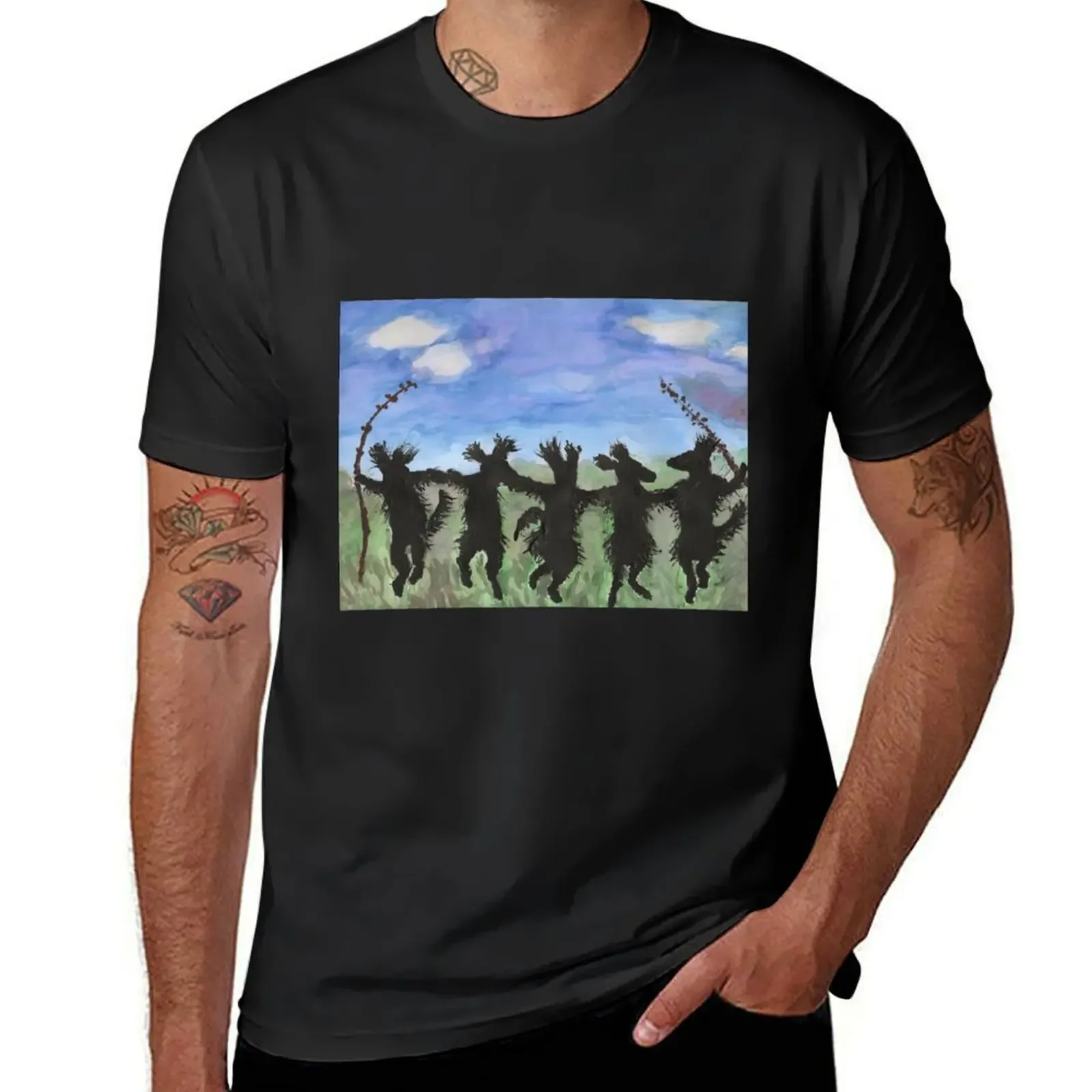 Southern Folk Art Dancing Flatcoats Flat Coated Retrievers Watercolor Painting T-Shirt customs T-shirts for men cotton