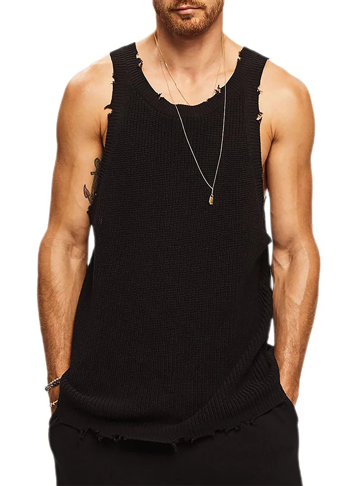 Hiphop O Halsbandjes Gescheurde Tanktops Heren Streetwear Mode Effen Kleur Slank Vest Heren 2024 Zomer Trendy Mouwloze Hemdjes