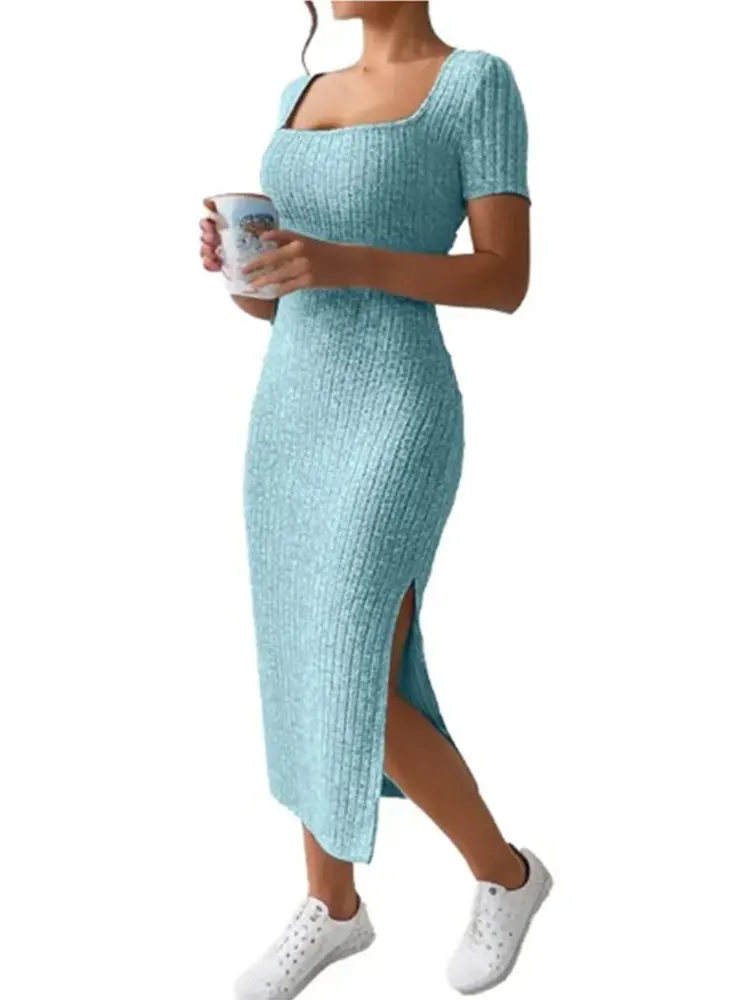 Summer Square Neck, Hip-Hugging Mid-Length Skirt, Short-Sleeved, Versatile Knitted Slit Dress image 3