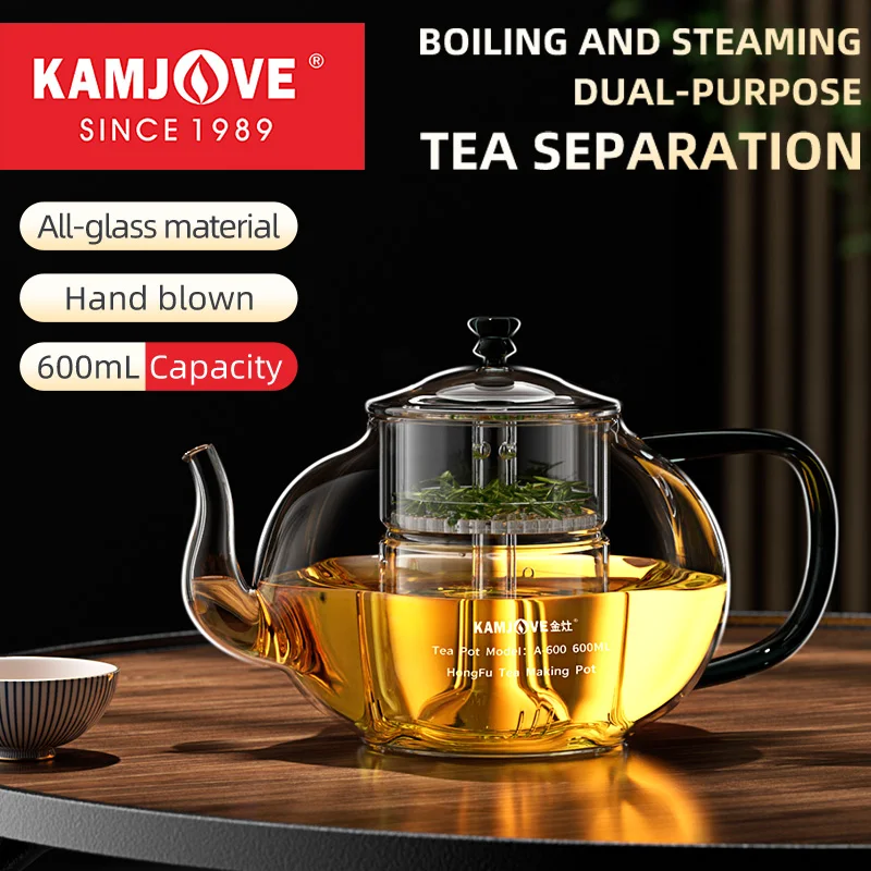 

KAMJOVE High-Borosilicate Glass Teapot, Tea Separation Filter Basket, Heat-Resistant Glass Tea Pot, Flower Tea Kettle, 600ml