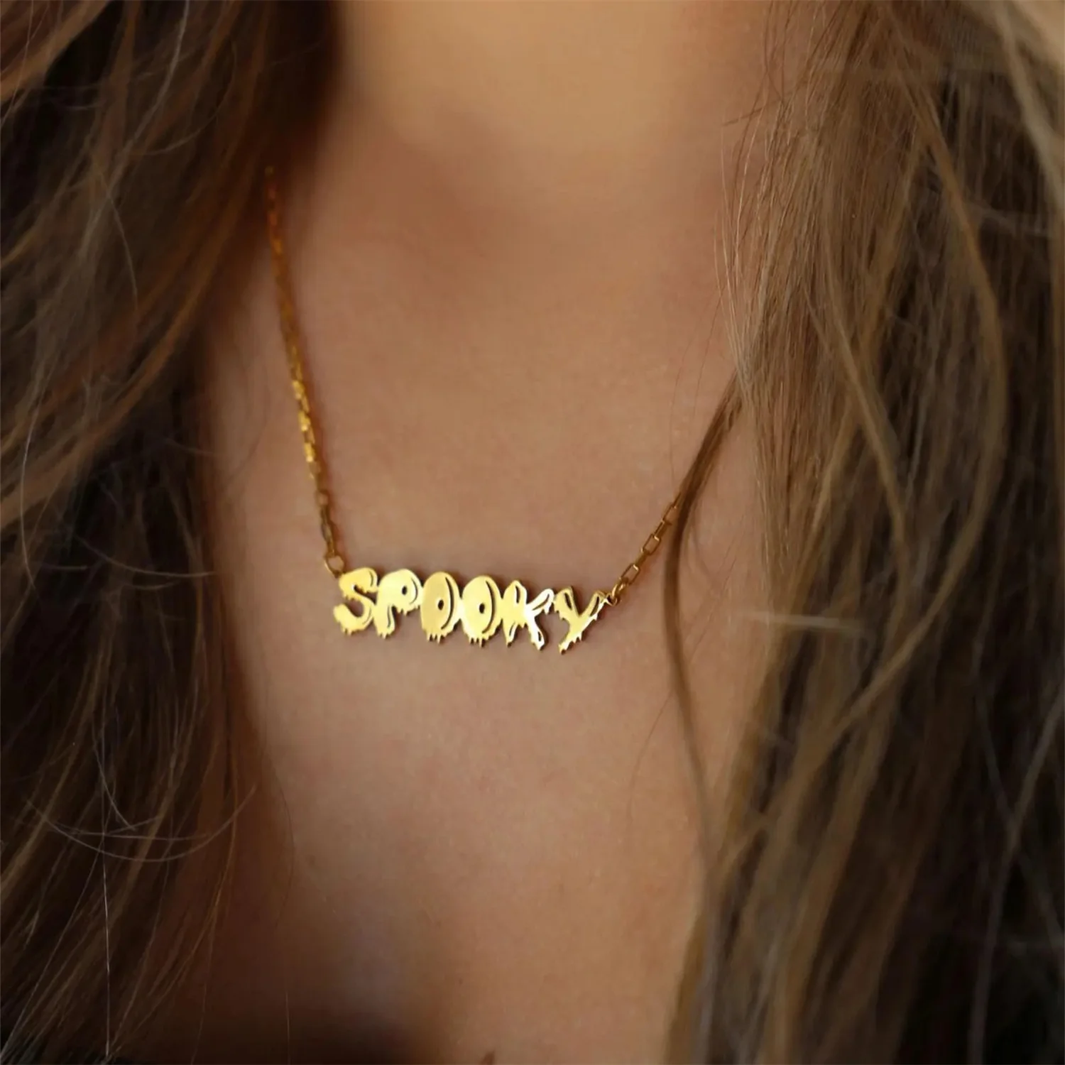 

Personalized Monogrammed Pendant Customize Name Halloween Necklace Double layer Gold Spooky Necklace Halloween Gift for Her