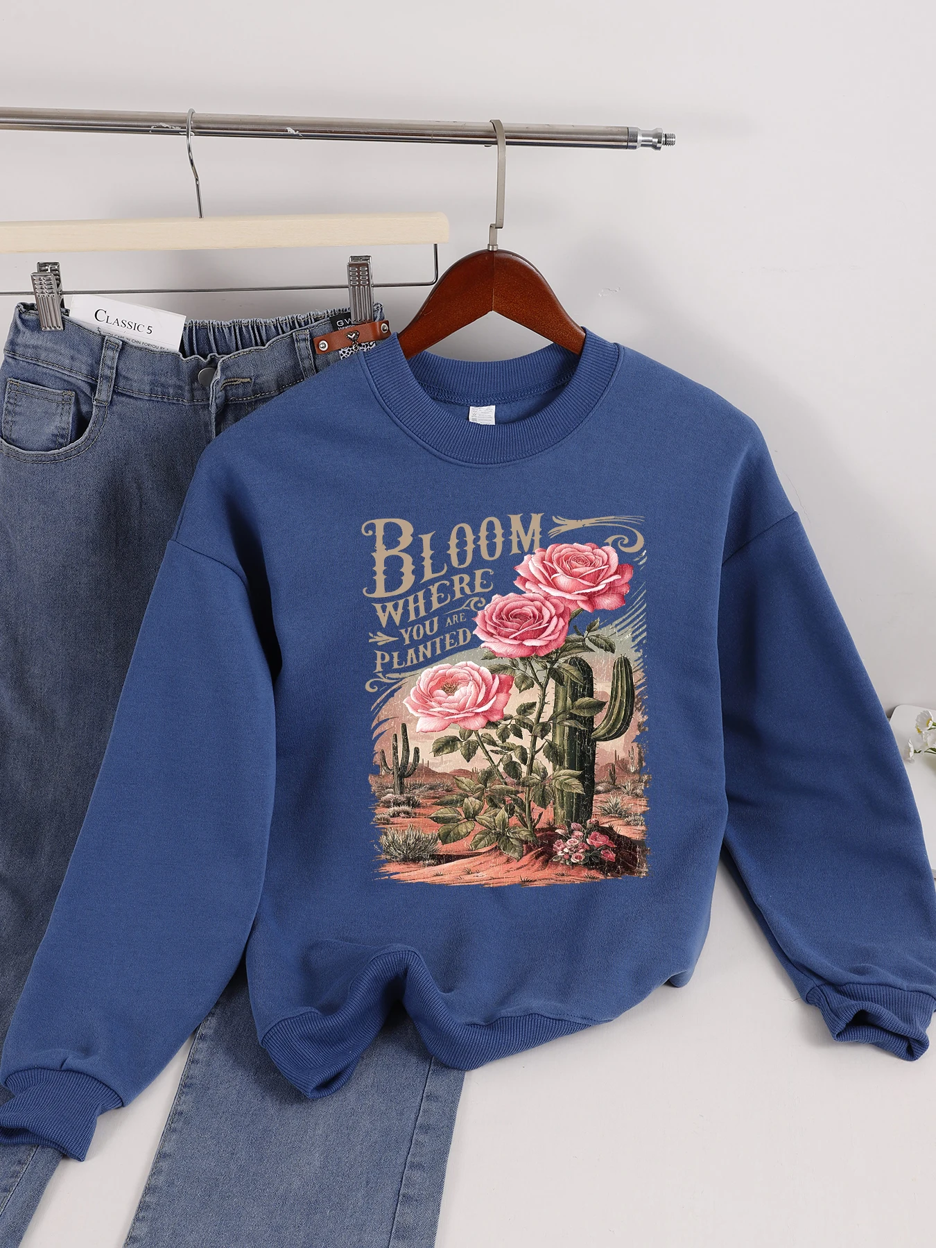 

Bloom Where You Are Planted Cactus Rose Print Women Sweatshirts Street Hip Hop Clothes Fleece All-Match Pullover Y2K Fleece Top