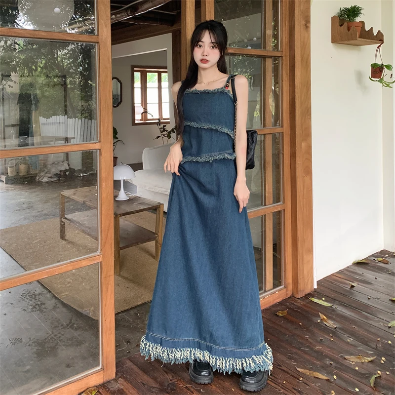 Slimming Effectiveness Midi Denim Halter Dress Women's Summer New plus Size Tummy Control Slimming Long Skirt Dress