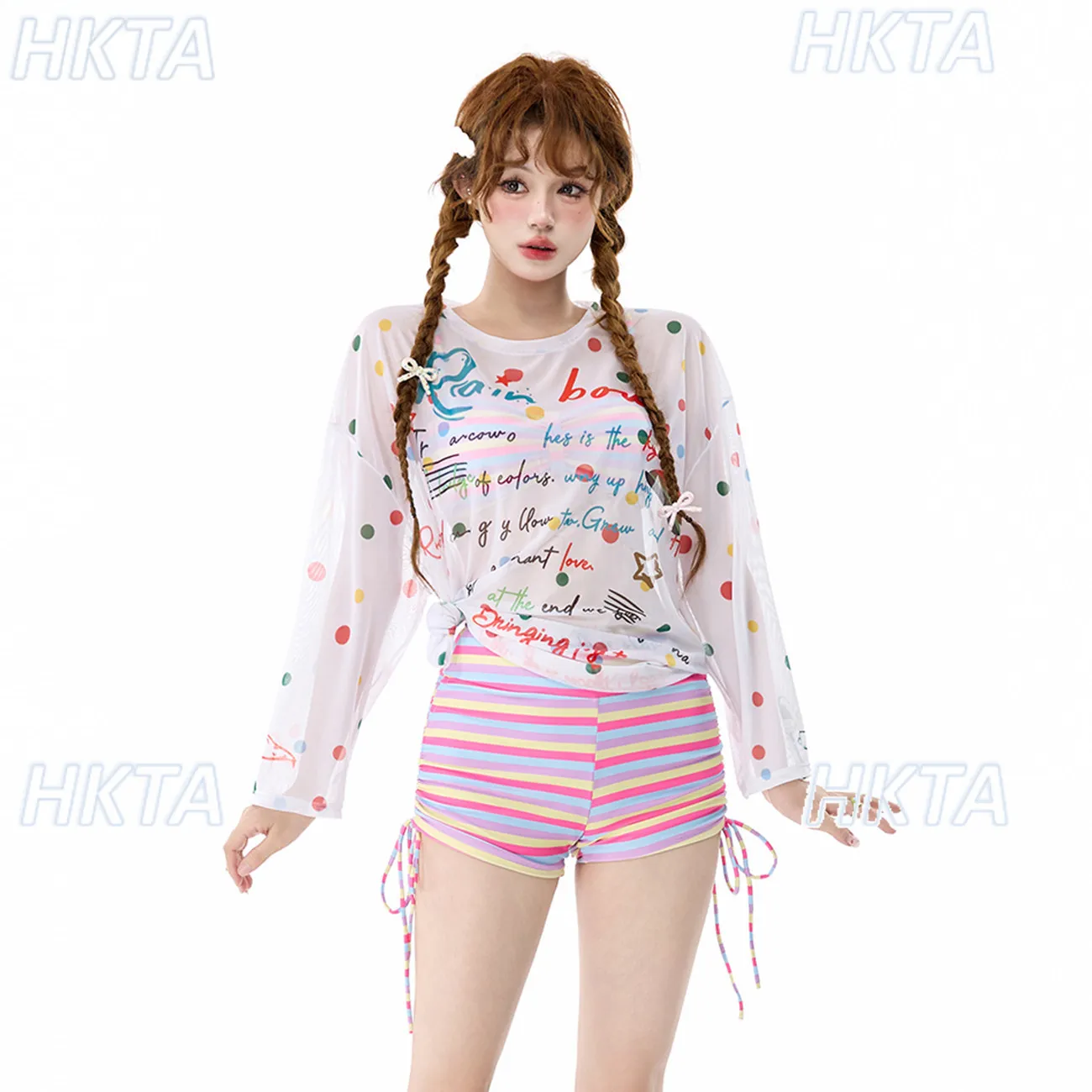 Japanese Sweet Cute Lolita Striped Bow Strap Suspender Bikini Kawaii Letter Print Long Sleeved Blouse Three Piece Swimsuit Women