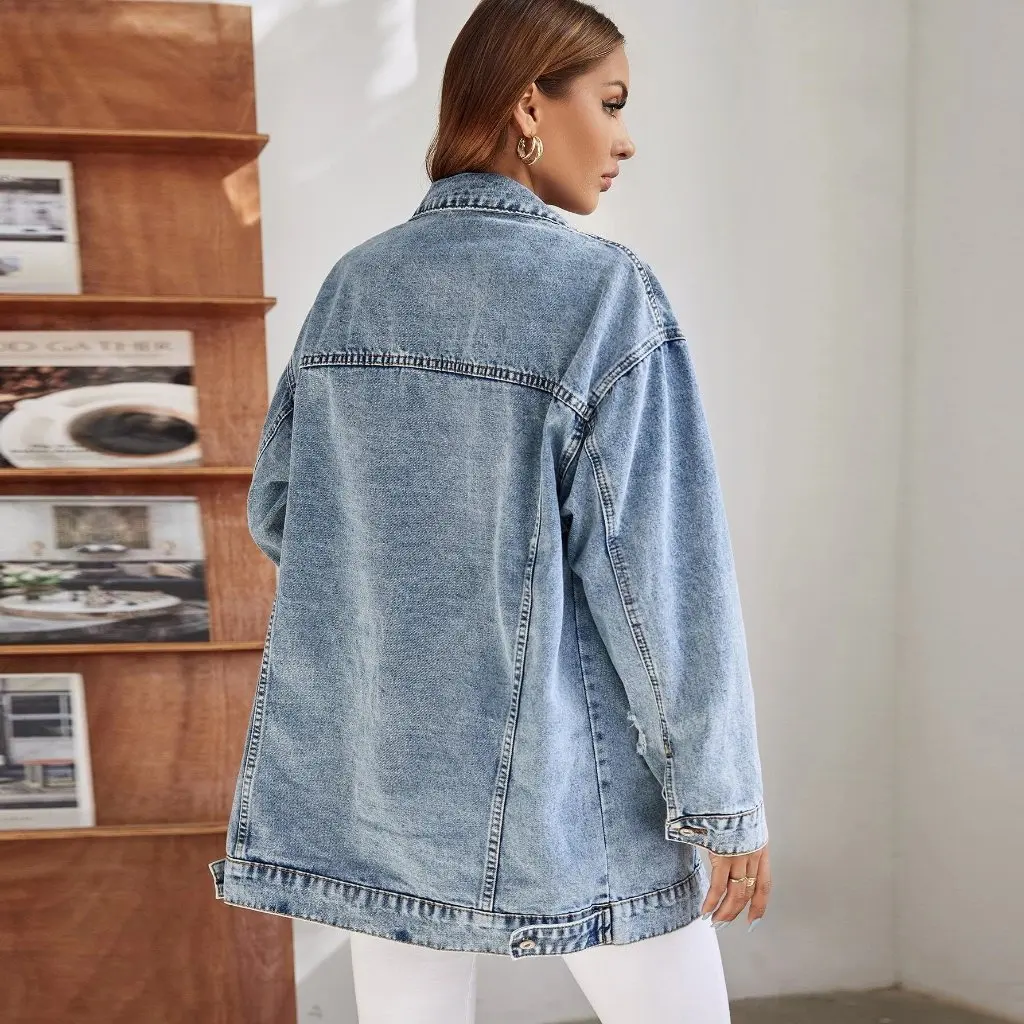 

Women's Ripped Denim Jacket S115 European American Style Large Size Loose Medium Long Outerwear