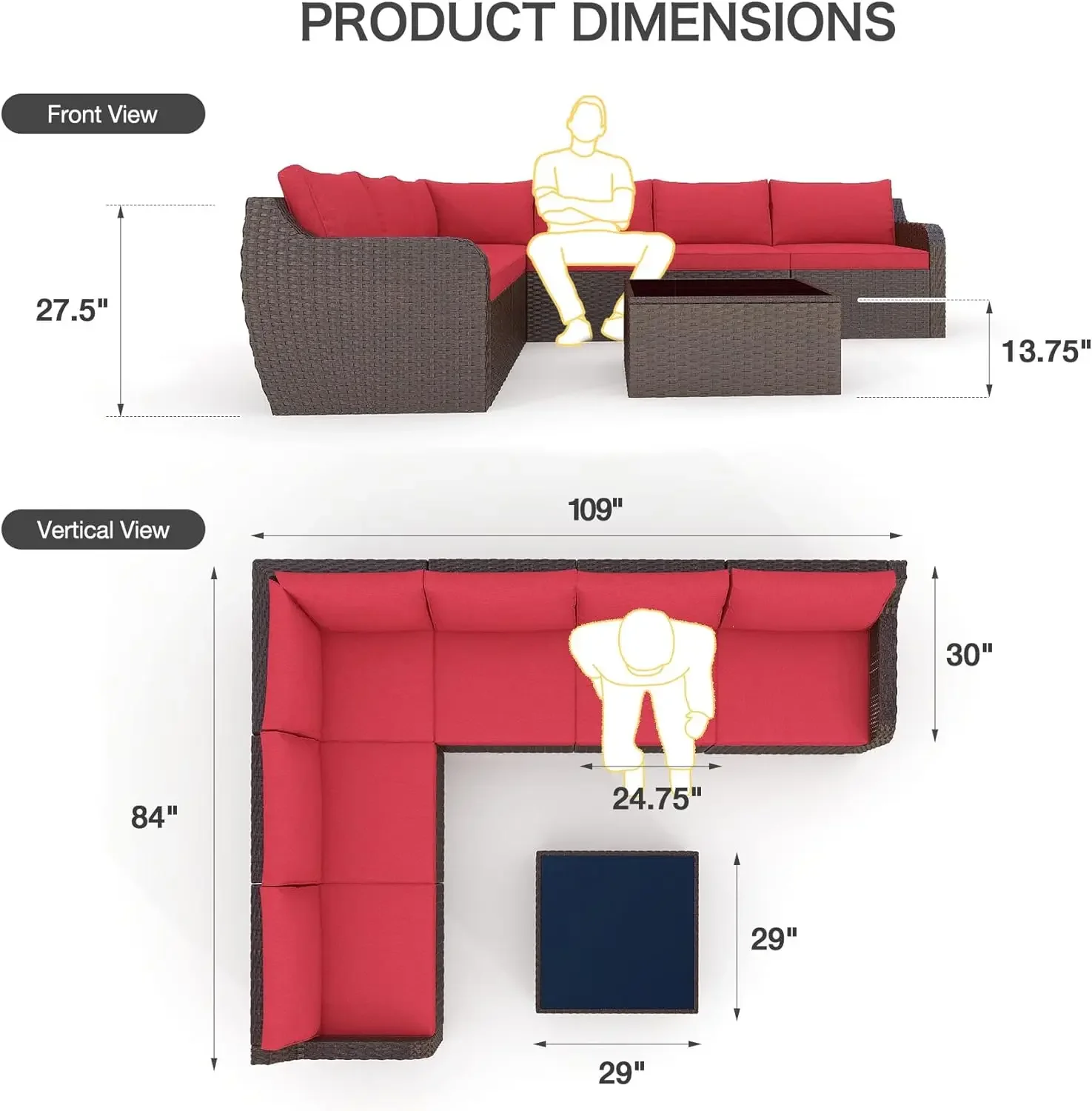 Set furnitur teras 7 buah, Sofa bagian rotan PE, Set furnitur luar ruangan punggung tinggi, Set percakapan teras anyaman dengan bantal