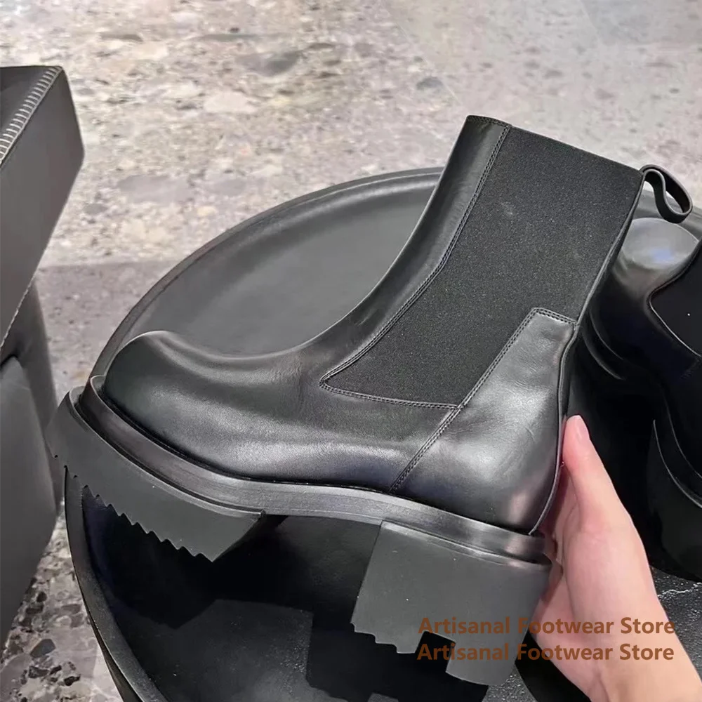 Cowhide Thick-Soled Men's Boots Round Toe Elastic Band High-Top Booties Stylish Trendy Handmade Designer Fashion Show Men Boots