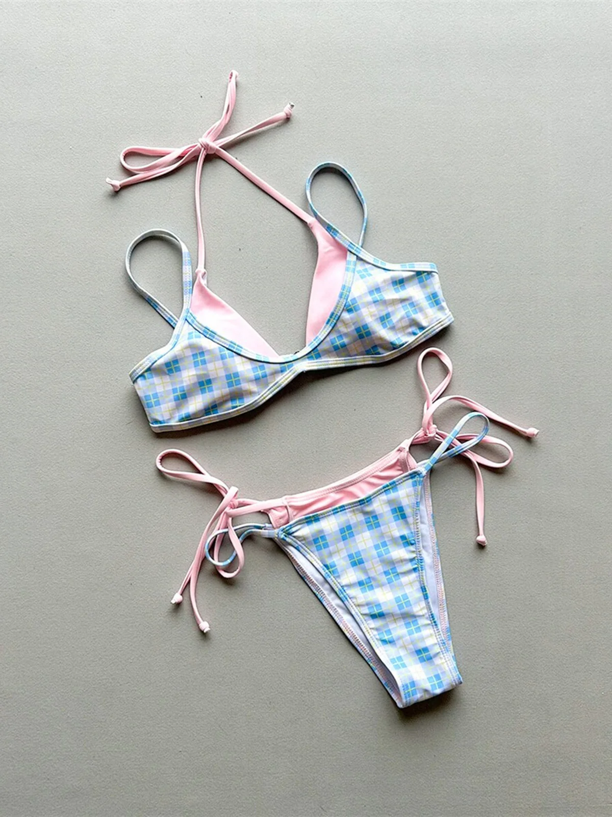 2026 Two-Pieces Bikini Set Splicing Bather Bathing Suit Swim Plaid Polka Dot Halter Bikini Female Swimsuit Women Swimwear V8027