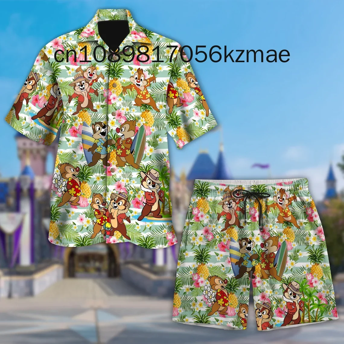 Summer Disney Chip and Dale Hawaiian Shirt Shorts Set Disney Leisure Beach Vacation Short Sleeve Set Beach Retro Button Shirt