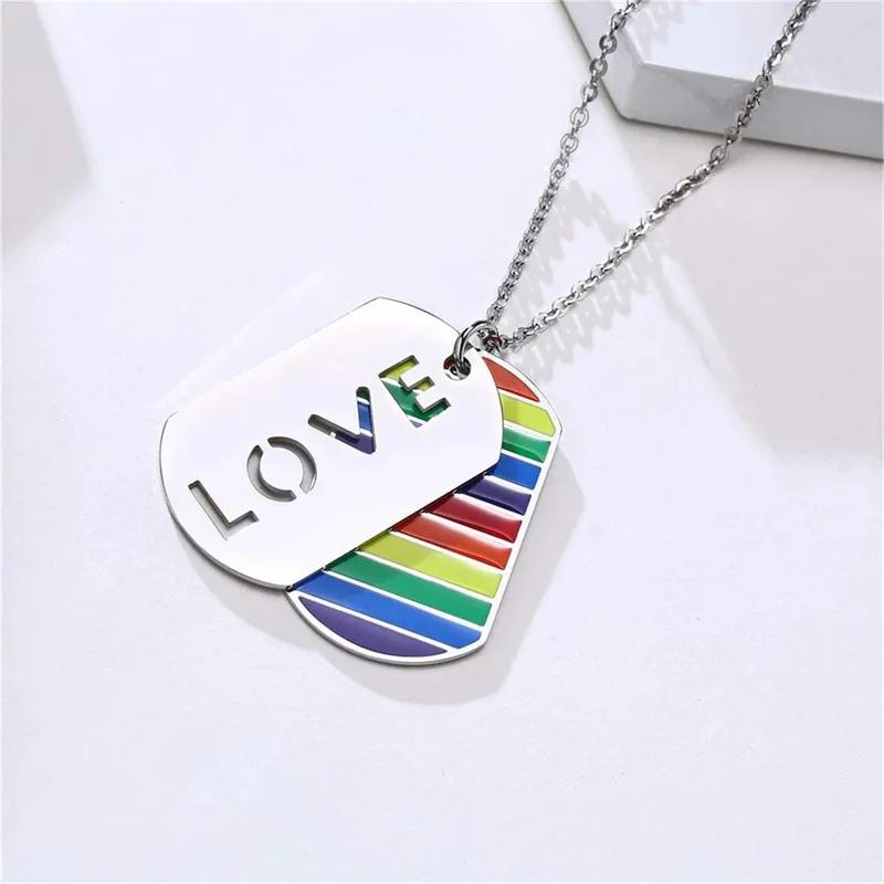 

Stainless Steel LGBT Gay Lesbian Love Pride Necklaces Enamel Rainbow Flag Double Pendant Necklace