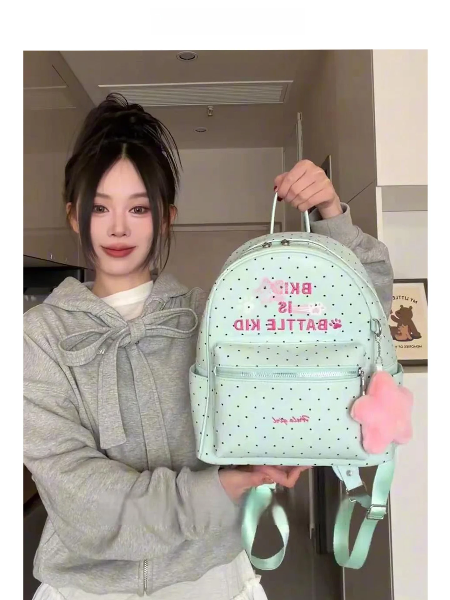 mint-green-polka-dot-women's-backpack-large-capacity-commuter-backpack-student-bookbag-versatile-2026-new-high-aesthetic-value