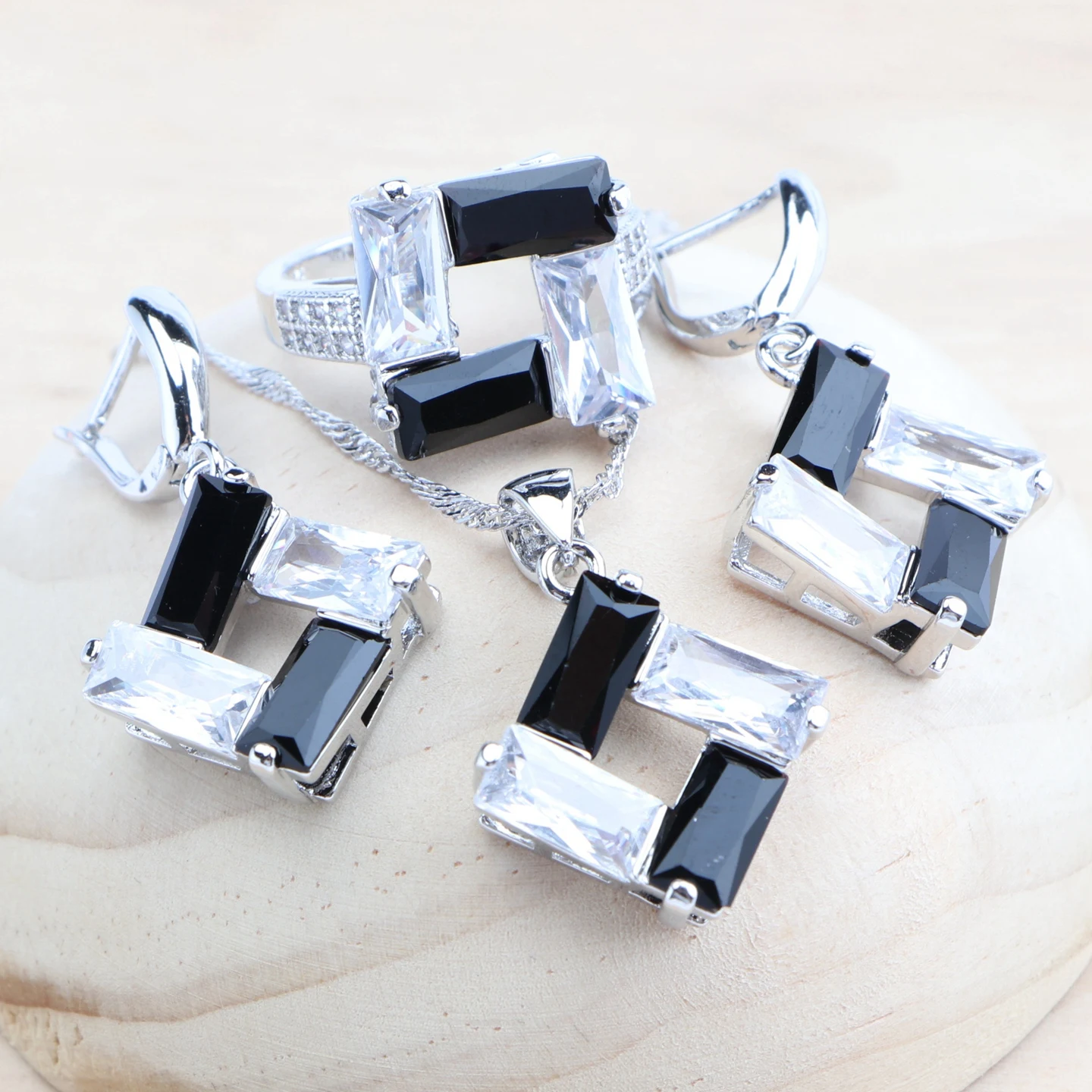 Wedding 925 Silver Jewelry Sets Bridal Black White Zircon Earrings Rings Pendant Necklace Stone Bracelets Set For Women