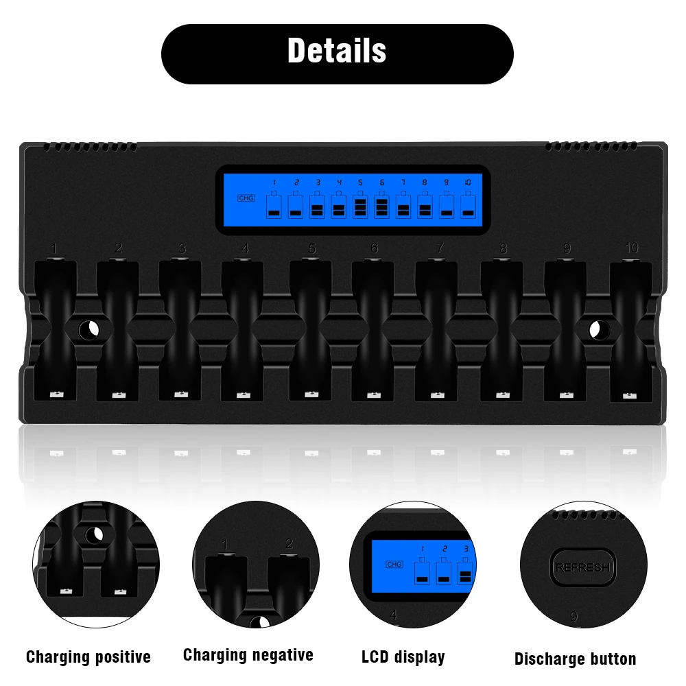 Imagem -05 - Carregador aa Display Lcd Inteligente Carregador de Bateria Inteligente com 10 Slots para 1.2v aa Nicd Nimh Baterias Recarregáveis Apenas para aa