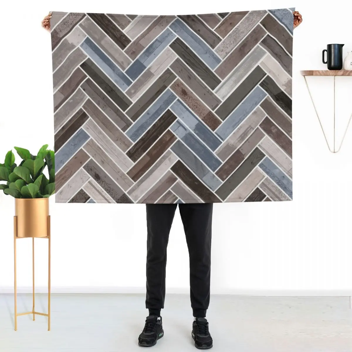 Herringbone Pattern in Blue Brown Grey Throw Blanket couch cozy soft plush fuzzy picnic outdoor blanket