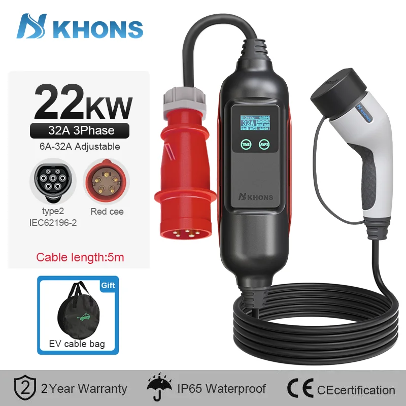 Khons EV Draagbare Oplader Type2 22kw Elektrische Autolader Oplaadetui 32A Drie Fase Elektrische Autolader 5m Kabel