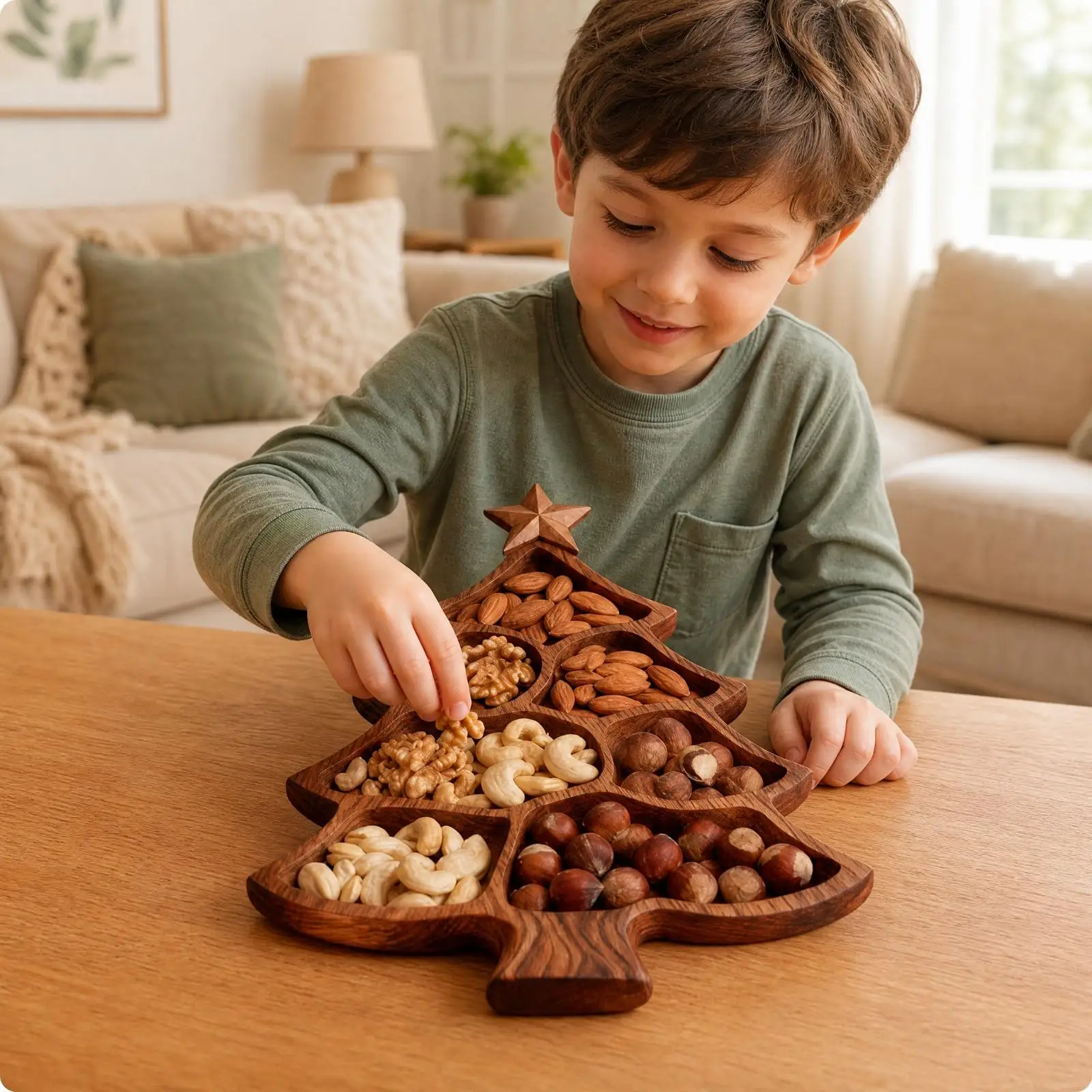 Christmas Tree Snack Serving Tray Bamboo Wood Sectioned Holder for Fruit Nuts Candy Cookies and Holiday Desserts