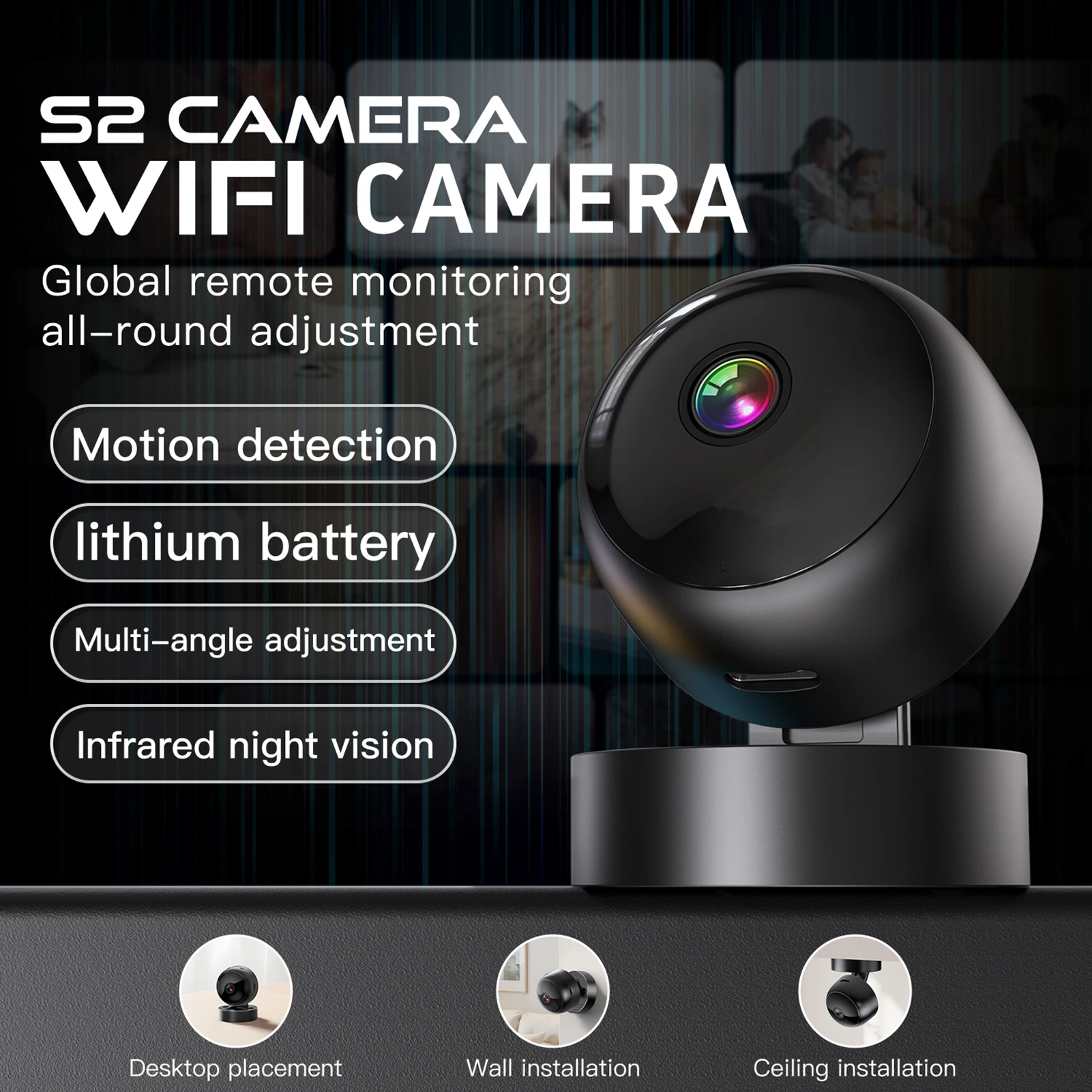 Smart WiFi Surveillance Camera, Home Security Camera with 360° Rotation, Infrared Night Vision, Motion Detection, Rechargeable
